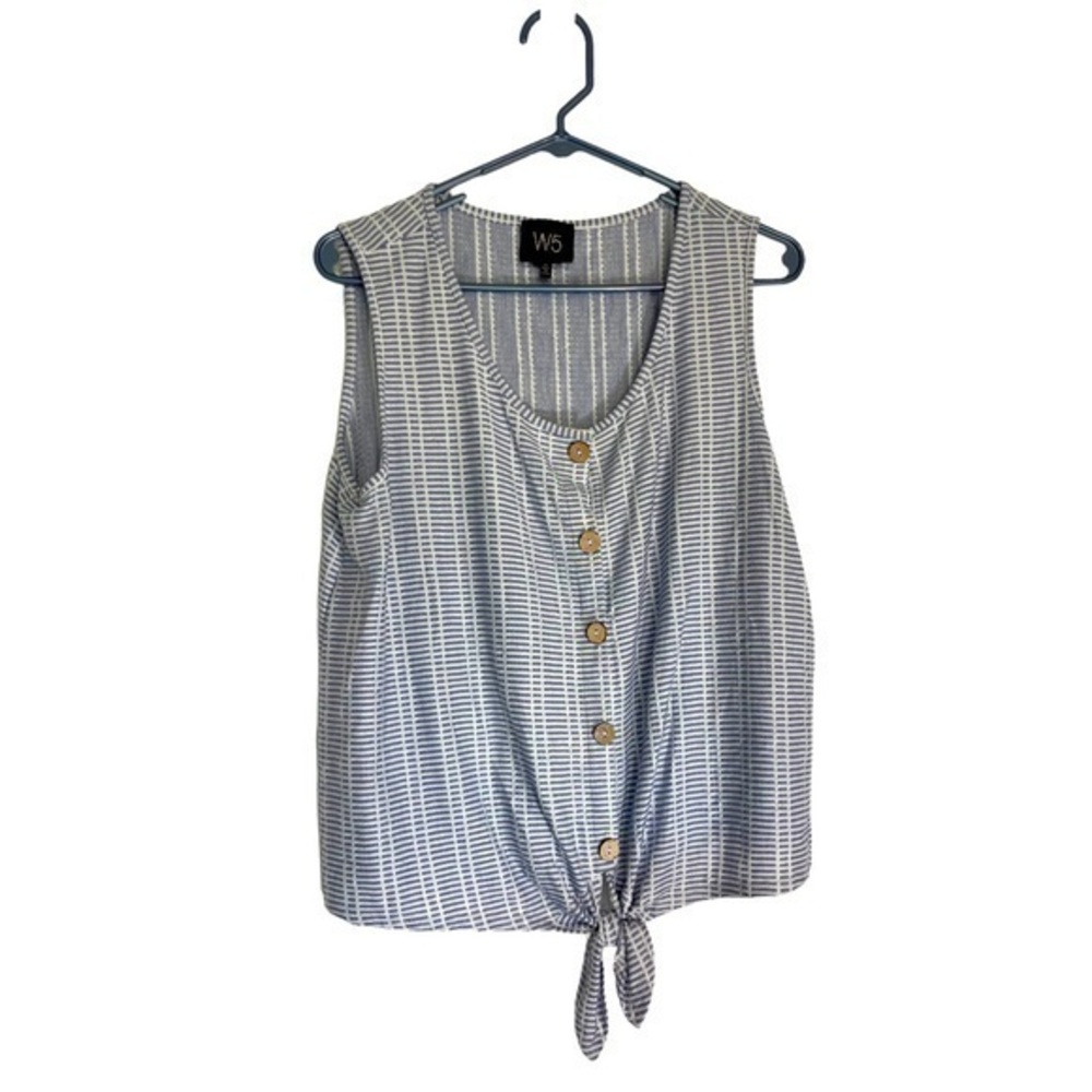 W5 Blue & White Tank Top With Front Tie & Faux Leather Buttons Size Extra Large